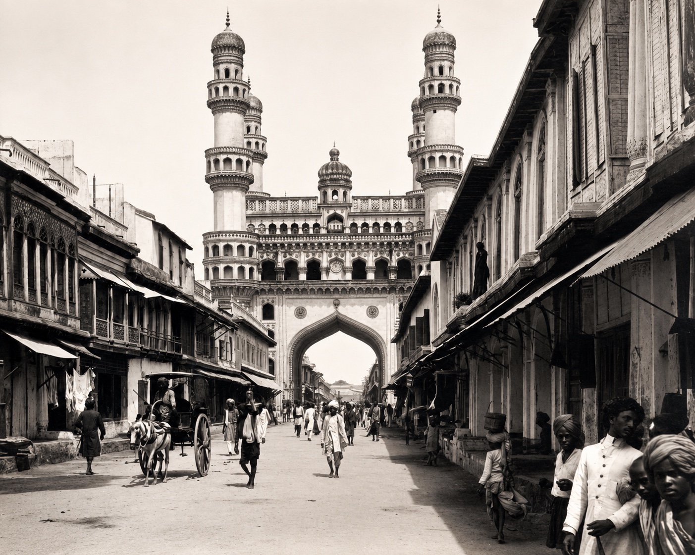 Vintage photograph of the Charminar and the old city street, Hyderabad
