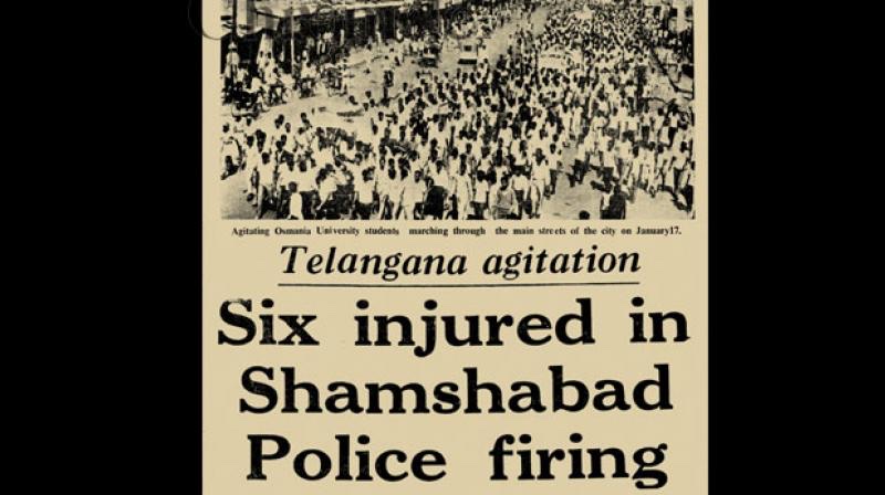A 1969 newspaper clipping reporting police firing on pro-Telangana protesters in Shamshabad, with a photograph of Osmania University students marching on 17 January